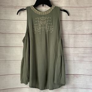 Passport Green Sleeveless Blouse Cream Stitching Detail Keyhole Back Size Large